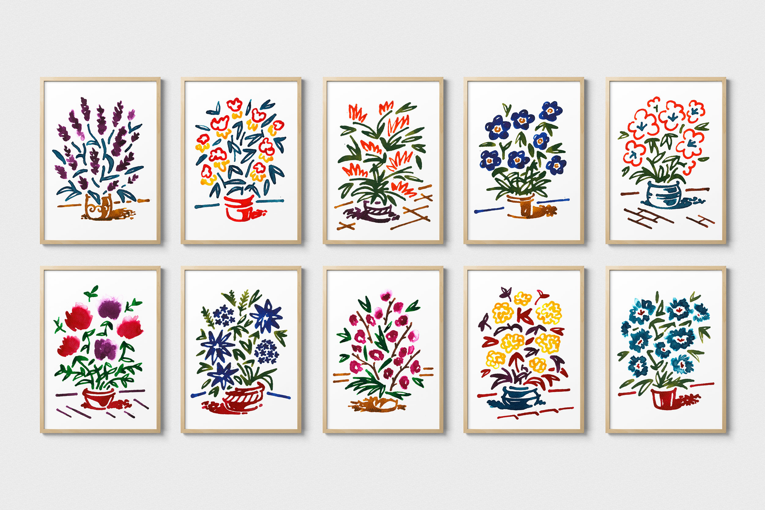 Ten framed ink drawing of flowers in pots, various colours
