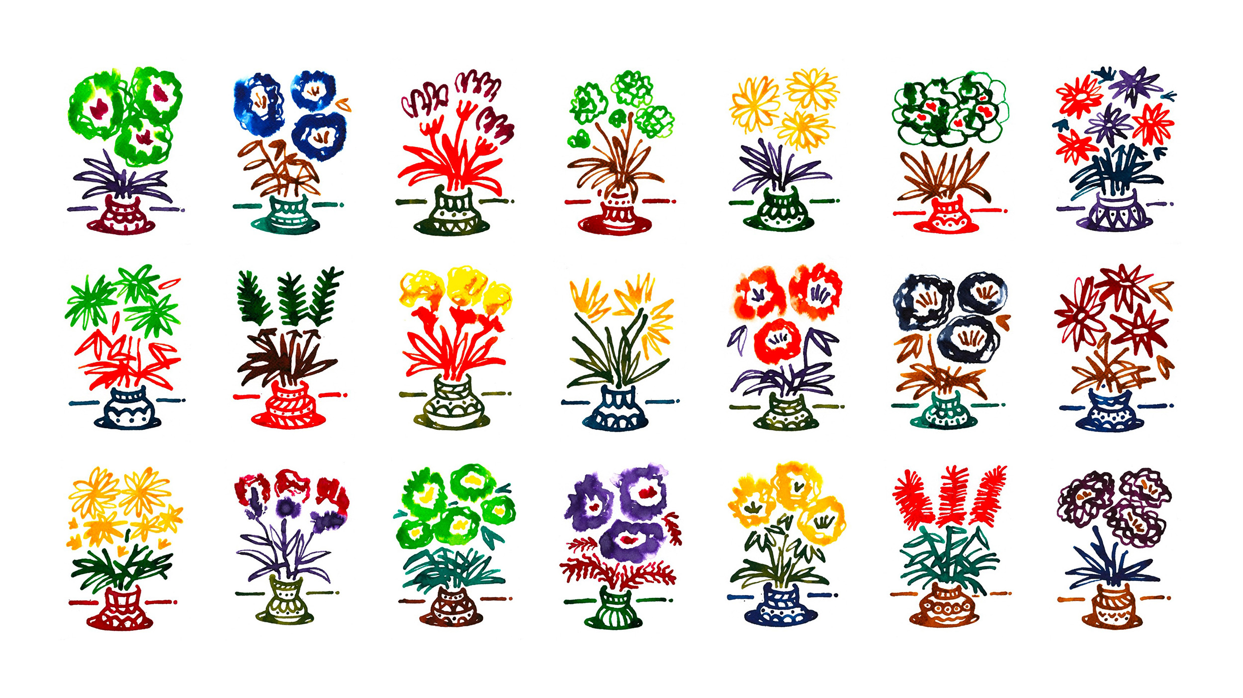 Three rows of ink drawing of flowers in pots, various colours